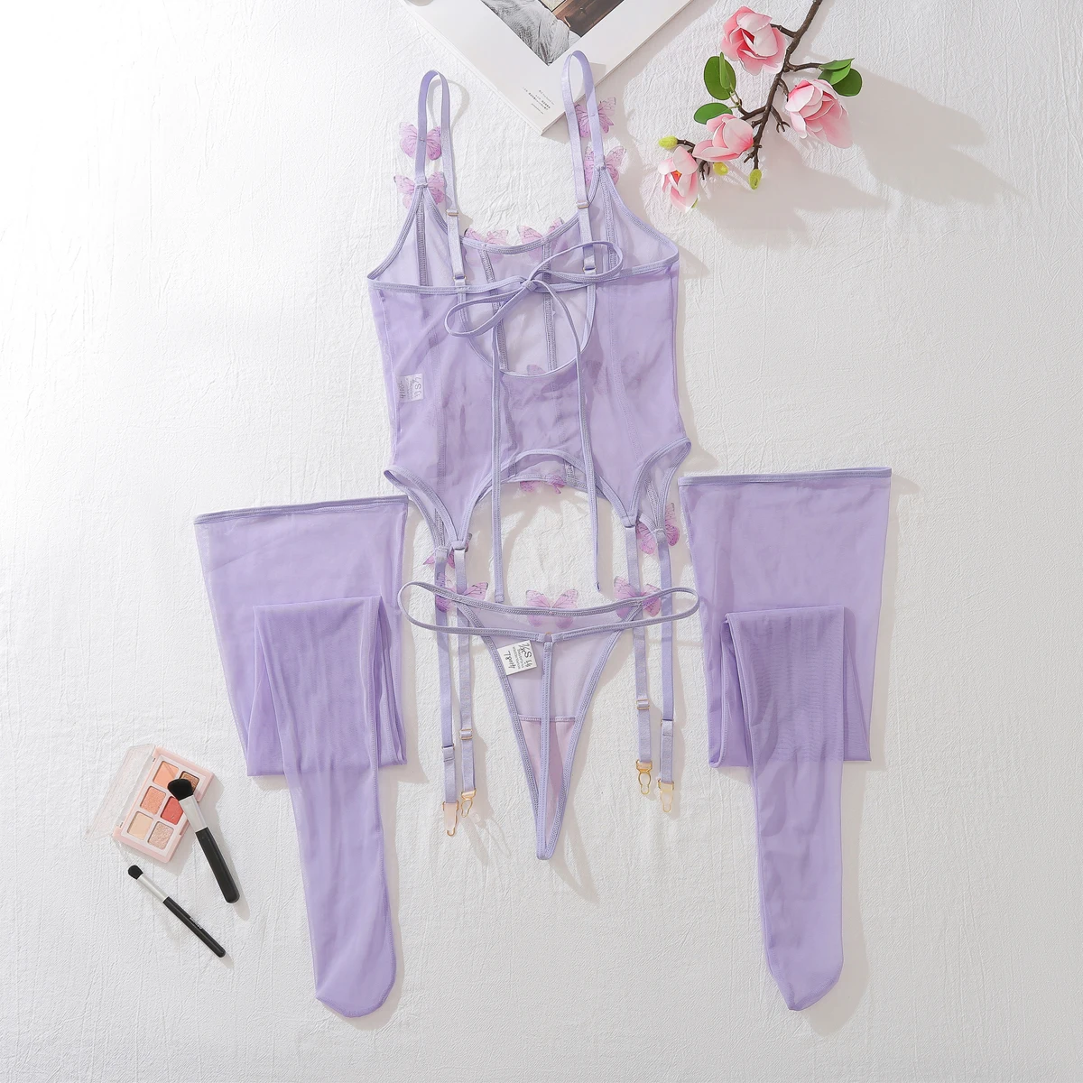 Ensemble de Lingerie papillon pour femmes, nuisette en dentelle transparente, sous-vêtements érotiques avec string, vêtements de nuit violets pour jeux de rôle