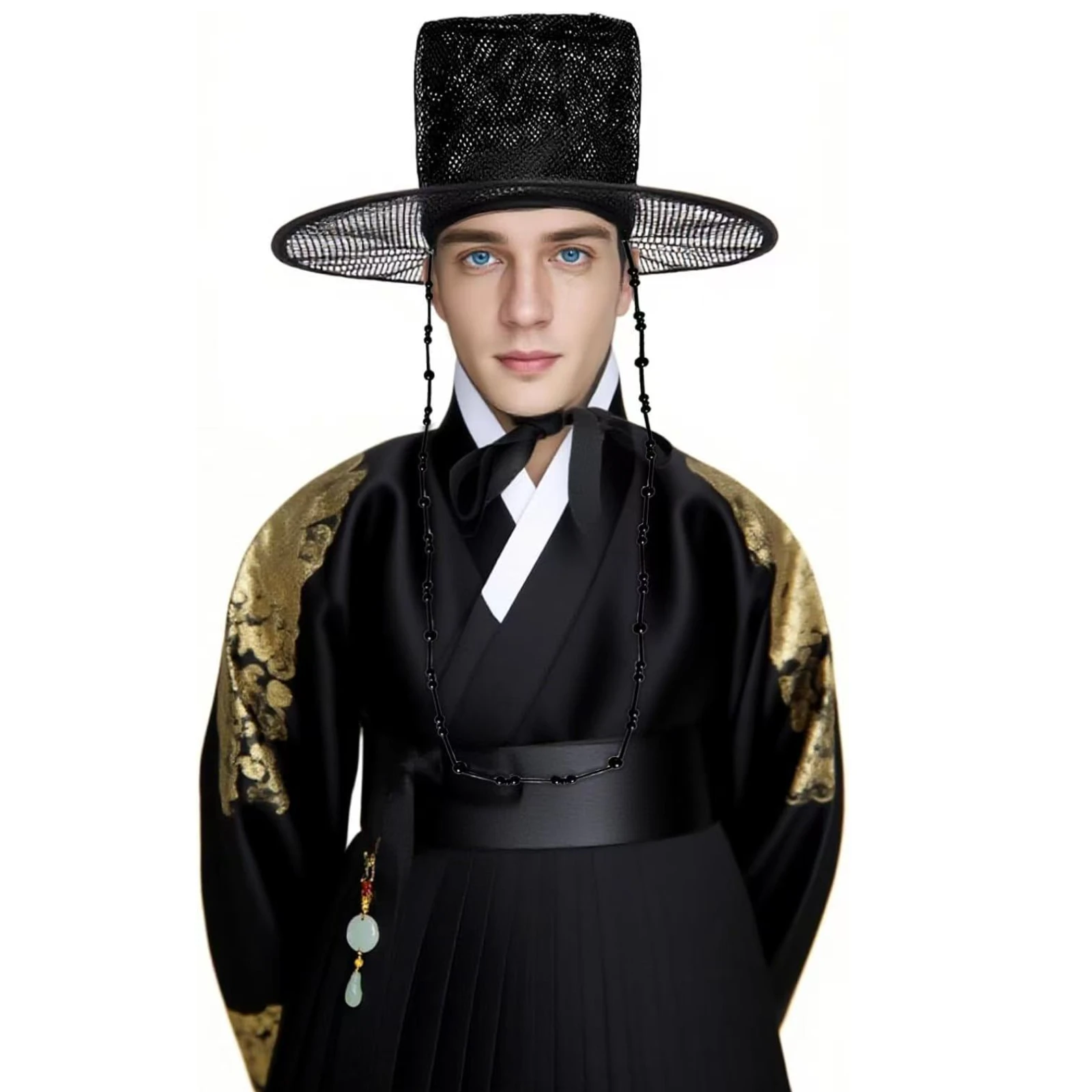 サジャボーイズ 韓国帽子 アニメ 錦玉 黒メッシュ帽子 ビーズチェーンリボン付き 伝統的な朝鮮王朝帽子 ハロウィン