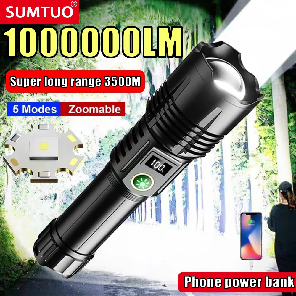 

Most Powerful LED Flashlight 1000000LM Rechargeable Flashlight Long Range 3500M Tactical Torch Outdoor Emergency Camping Lantern