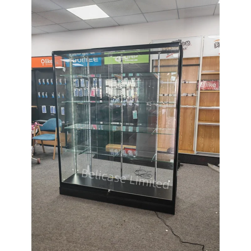 Custom, aluminum frame display with adjustable shelves glass display showcase wall cabinet for smoke shop decoration