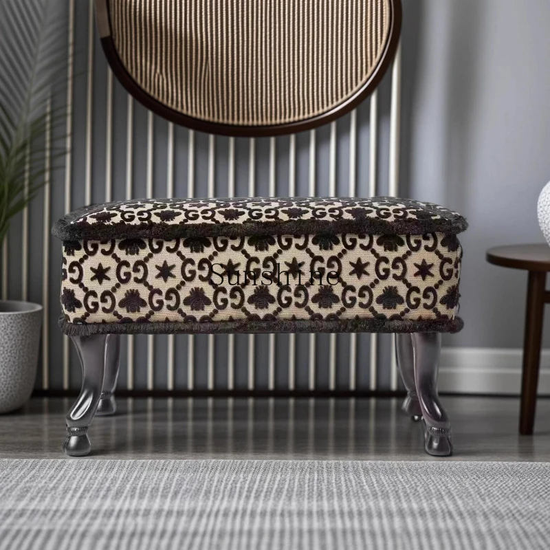 Neoclassical retro home sofa stool solid wood jacquard cloth shoe changing stool
