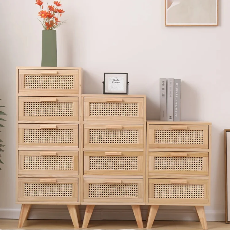 Rattan Nightstands Set with Charging Station Bedside Tables with LED Lights and Drawers Modern Wood End Tables