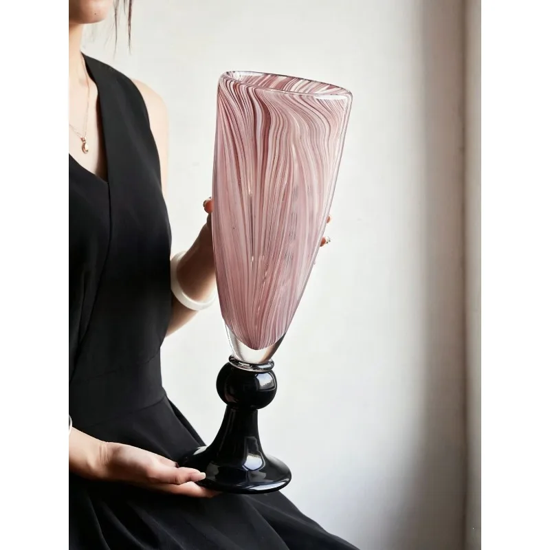Vase French handmade retro premium pink striped glazed flower lily simulated dining table ornament
