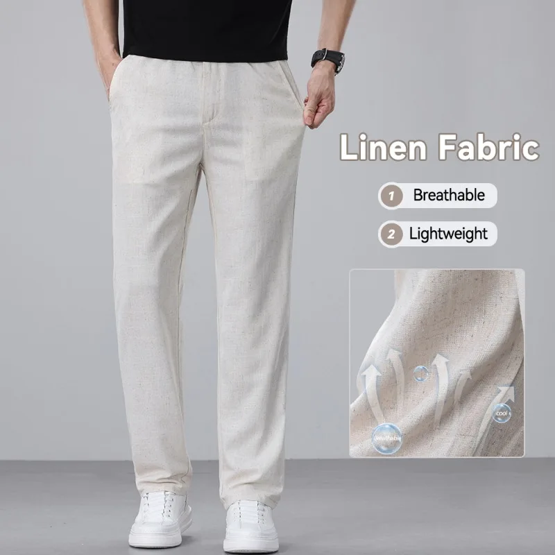 Leichte Herren-Freizeithose aus Leinenmischung, Sommer, atmungsaktiv, bequem, gerade Passform, Business-Hose, modische Urlaubshose
