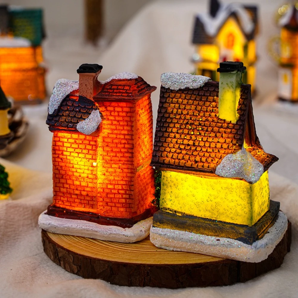 

1pc Christmas Decoration House LED Light Xmas Durable Ornaments Small Resin Mini House Miniature Village Building Xmas Crafts