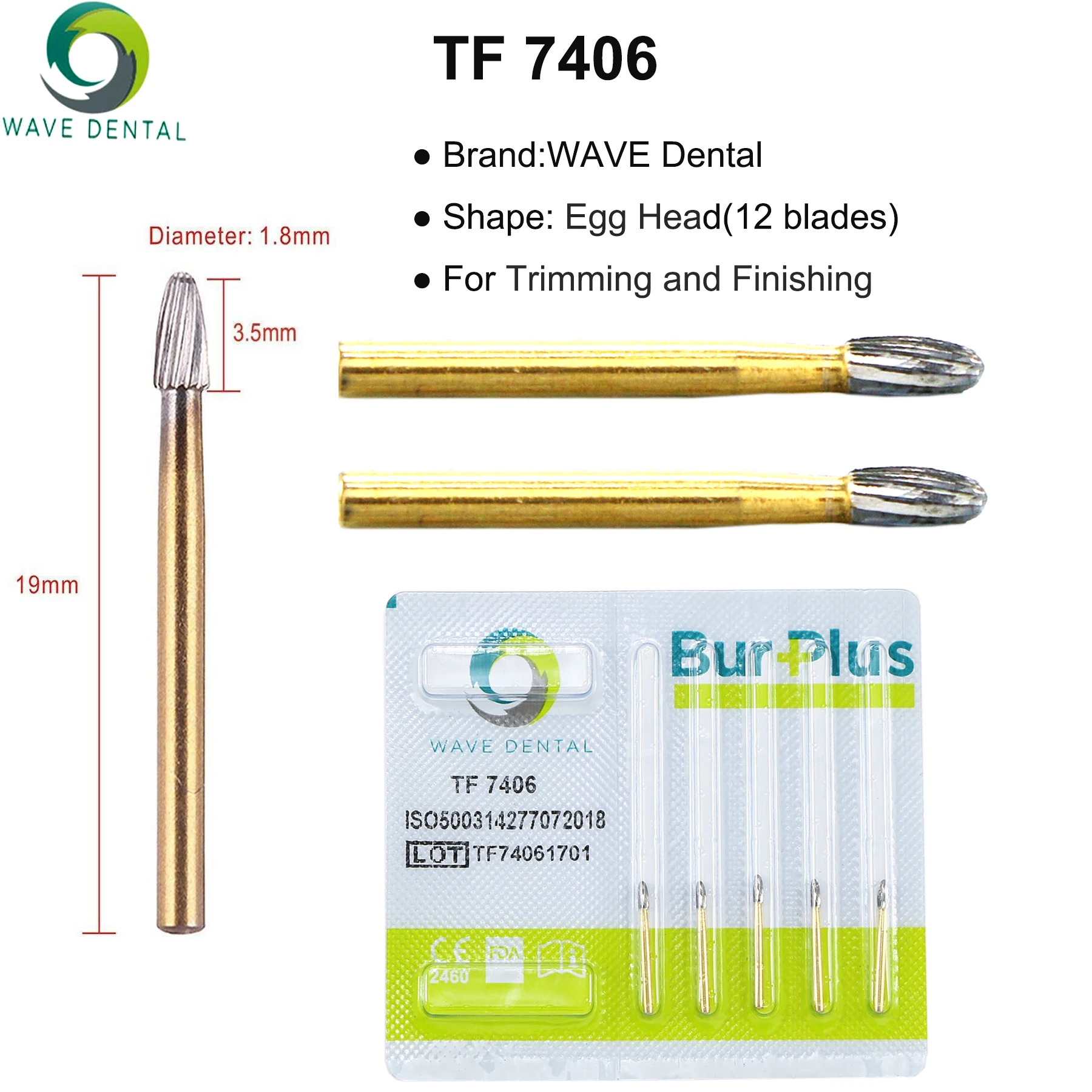 WAVE Dental Burs Tungsten Carbide Burs Gold Plated Trimming and Finishing 12 Bladed T Series For High Speed Handpiece 5pcs/Pack