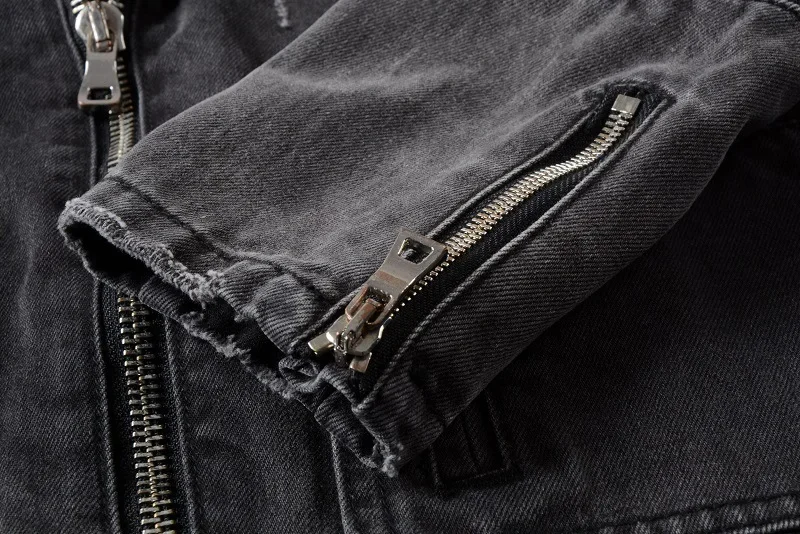 Men\'s Jacket Zippers Black Denim Jean Biker Jacket Motorcycle Vintage Epaulet Holes Ripped Distressed Coat for Men
