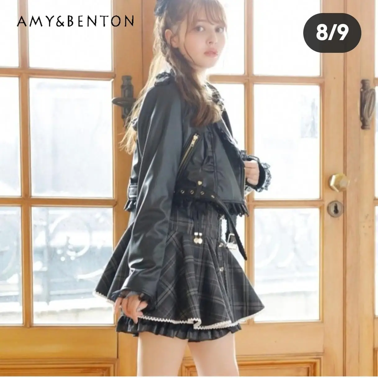 Japanese Mine Series Mass-produced Leather Soft Lace Edge Belt Slim Short Coat Women Sweet Cool All Match Goth Leather Jacket