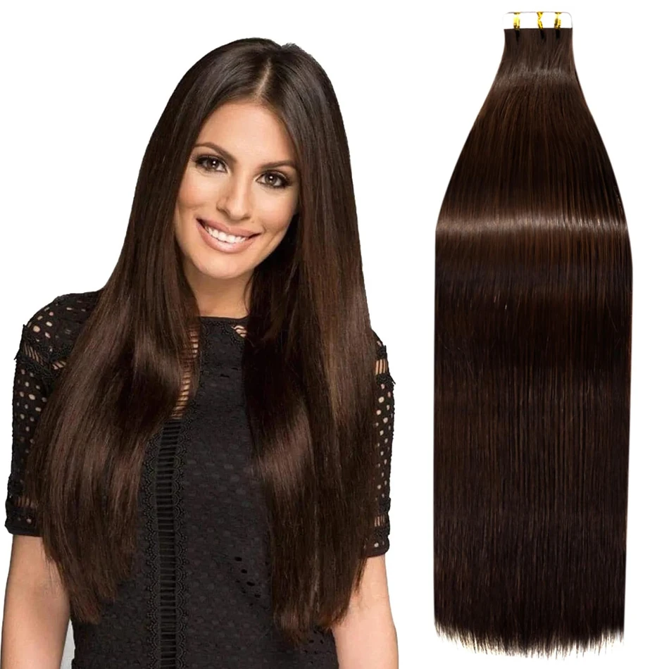 Fita em extensões de cabelo, cabelo humano real, marrom escuro, trama de pele invisível, cabelo reto sem costura, Ins, 45g, 16-30 ", 20pcs