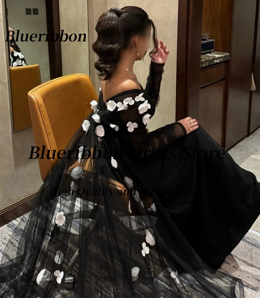 Blueribbon Black Prom Dresses Handmade White Flowers Vestidos De Noches Long Sleeves Evening Banquet Women Wear Formal Dress