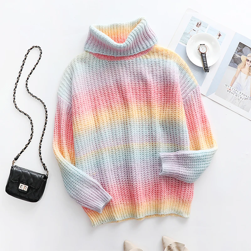 Turtleneck Rainbow Striped Sweater Europe and America Loose Sweaters Knitted Pullover Long Sleeve Sweater Sweet Fall Winter Tops