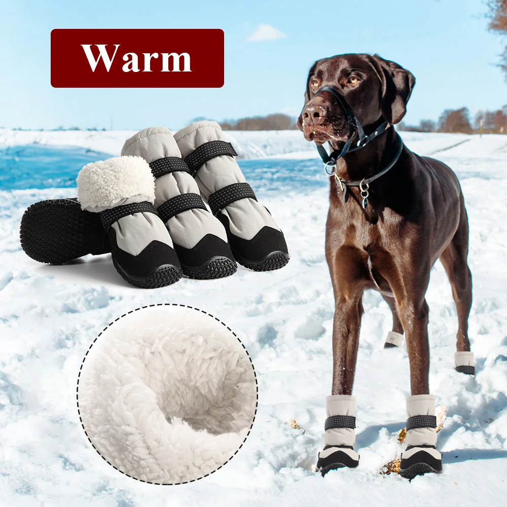 Winter Warm Dog Snow Boots for Large Dogs Waterproof Dog Rain Booties for Cold Weather Non-Slip Durable Reflective Dog Shoes 4Pc