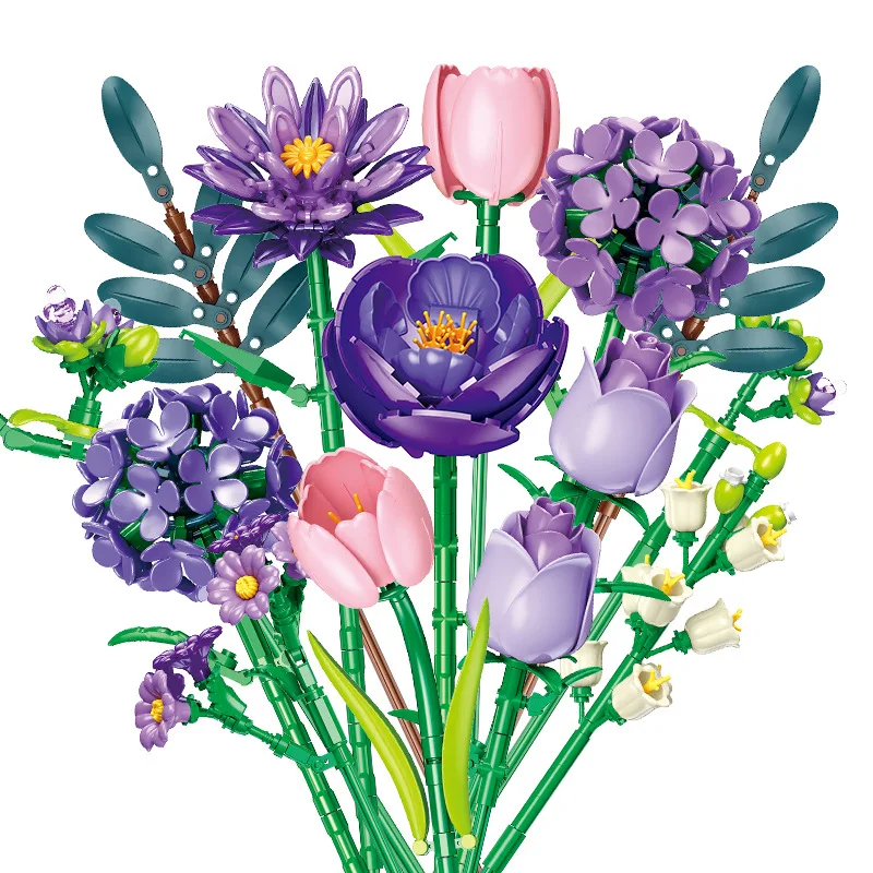 

Строительные блоки, фиолетовый букет JJ9258-имитация цветка, сборная модель, домашний декор, орнамент, развивающая игрушка для девочек, подарок