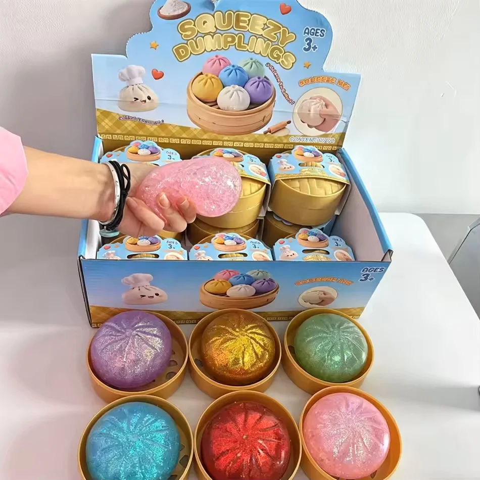 Glitzer-Dumpling-Überraschungsbox: 6 Farbige Zufalls-Stressbälle, Ästhetisches Desktop-Sensorikspielzeug, Kreatives Büro-Fidget-Geschenk