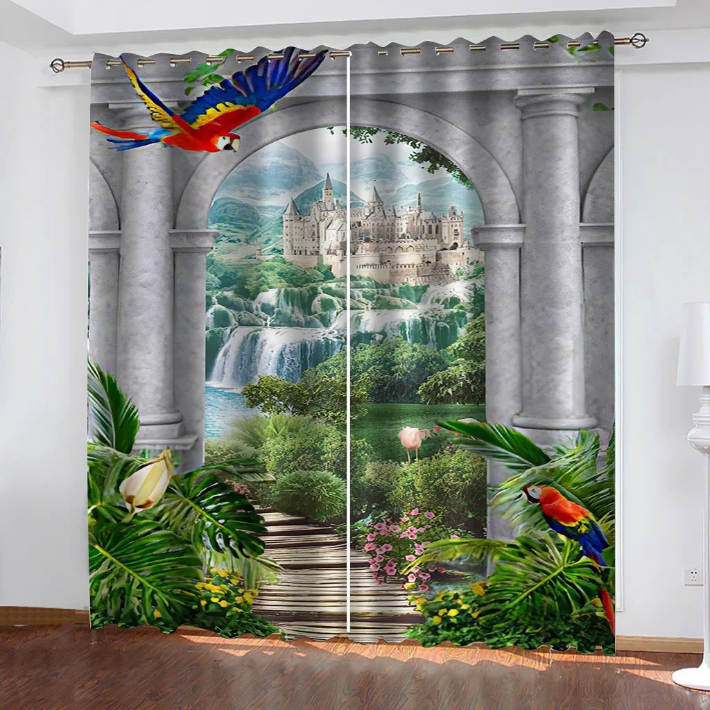 

HUANZHUANG Living Room Curtain Decorative D Garden Castle Architecture Pieces Shading Window Curtains For Bedroom Decoration