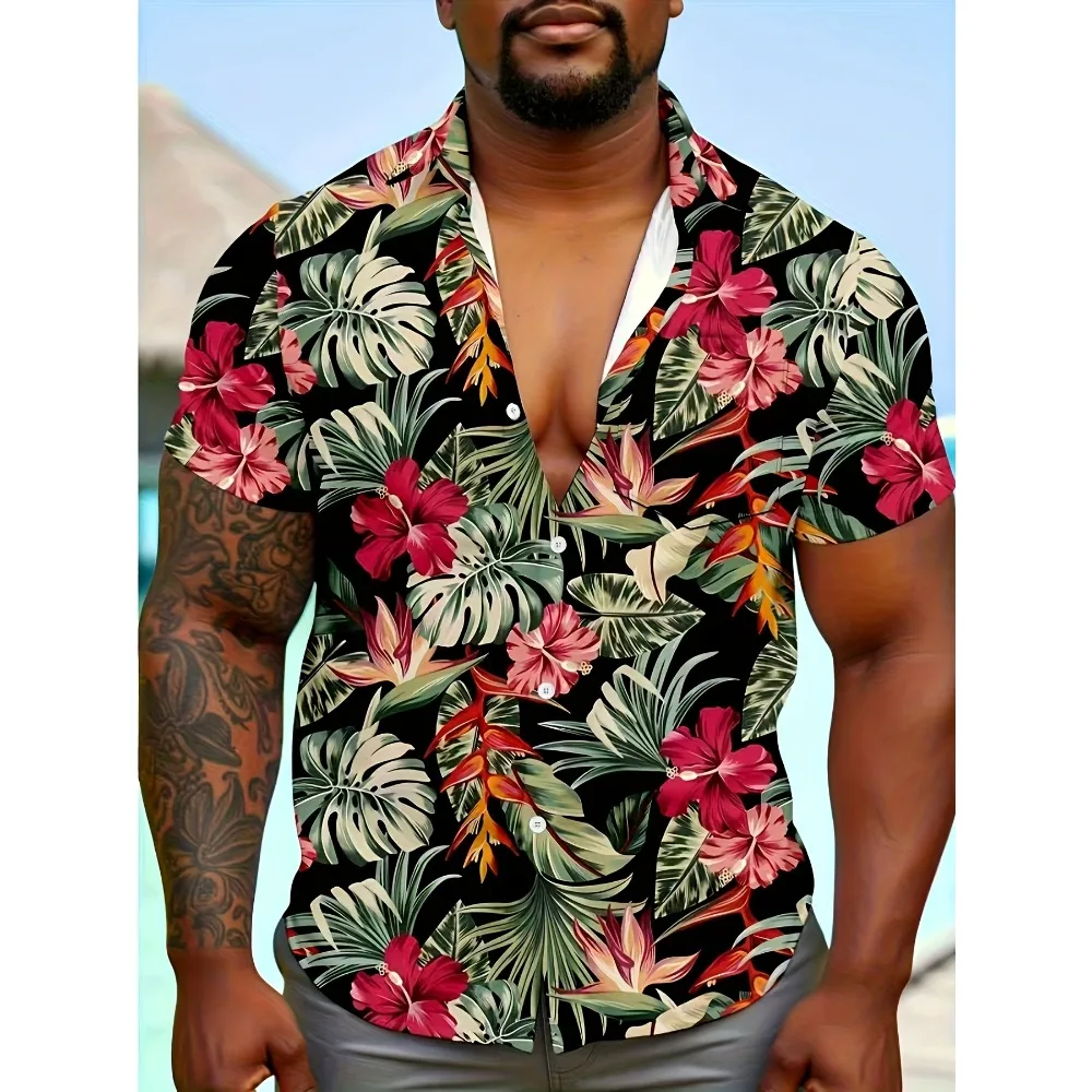 Tropical Jungle Red Floral Palm Leaf Pattern Mens Button Down Summer Vacation Blouse