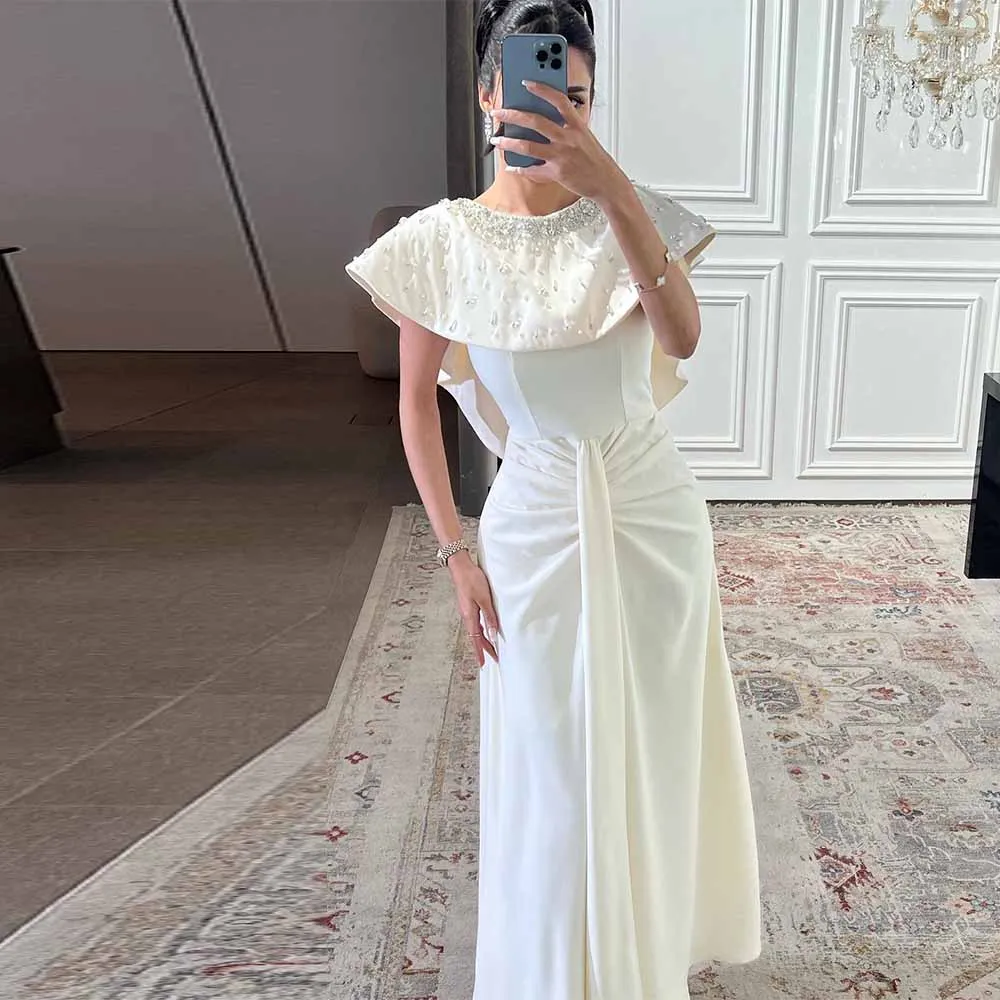 

Роскошные коктейльные платья 2025: атласные платья трапециевидной формы для дня рождения цвета слоновой кости с круглым вырезом и бусинами, плиссированные платья для выпускного вечера с рюшами, миди