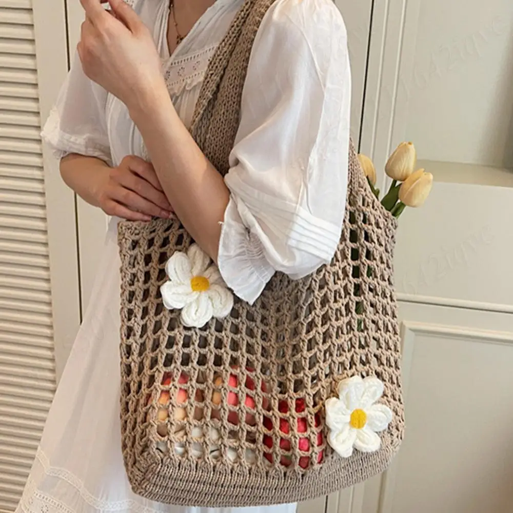 

Women Straw Mesh Shoulder Bag Foldable Crochet Bags Knitted Flowers Tote Handbags Large Hollow Out Summer Travel Beach Bags