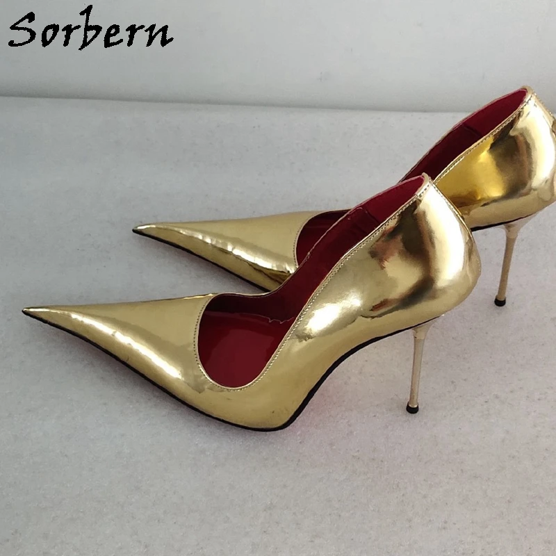 Sorbern Gold Metallic Women Pump Shoes Metal High Heel 12Cm Stilettos Long Pointed Toe Slip On Shoes Sissy Boy Footwear Custom