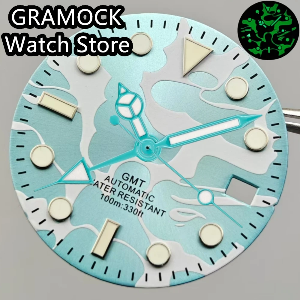 GRAMOCK 29mm NH34 Watch Dial Blue Dial With GMT Hands Set Green Luminous Fit NH34 Movement Watch replacement parts