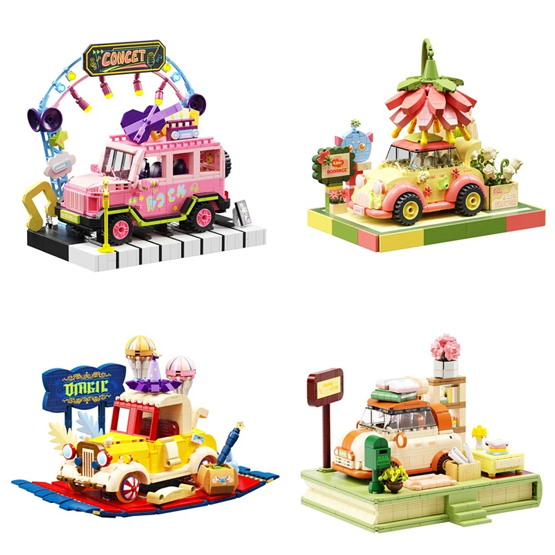 

4 Styles Cute Cartoon Vehicles Mini Blocks Creative Openable Car Model Puzzle Assembly Building Bricks DIY Toys For Kids