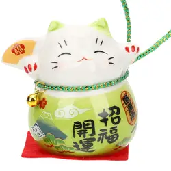 Green Ceramic Neko Figurine Japanese Decor Mini Statues Dashboard Gifts Animal Car naments Home Accessories Figurines