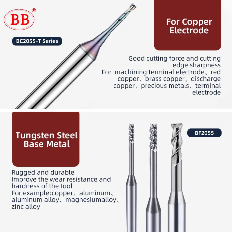 BB Longo Pescoço Micro End Mill, 0.1mm ~ 3mm, para Liga de Alumínio Cobre Eletrodo Plástico Não-metal CNC Usinagem Carboneto Sólido Cortador