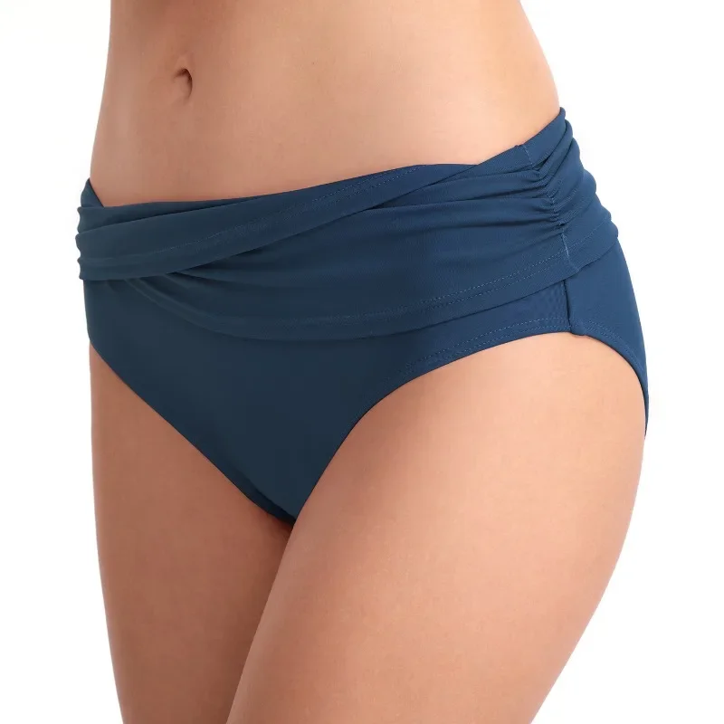 Cuecas de natação plissadas de cintura média femininas, shorts de natação slim sexy, moda praia com cores sólidas, shorts de praia clássicos