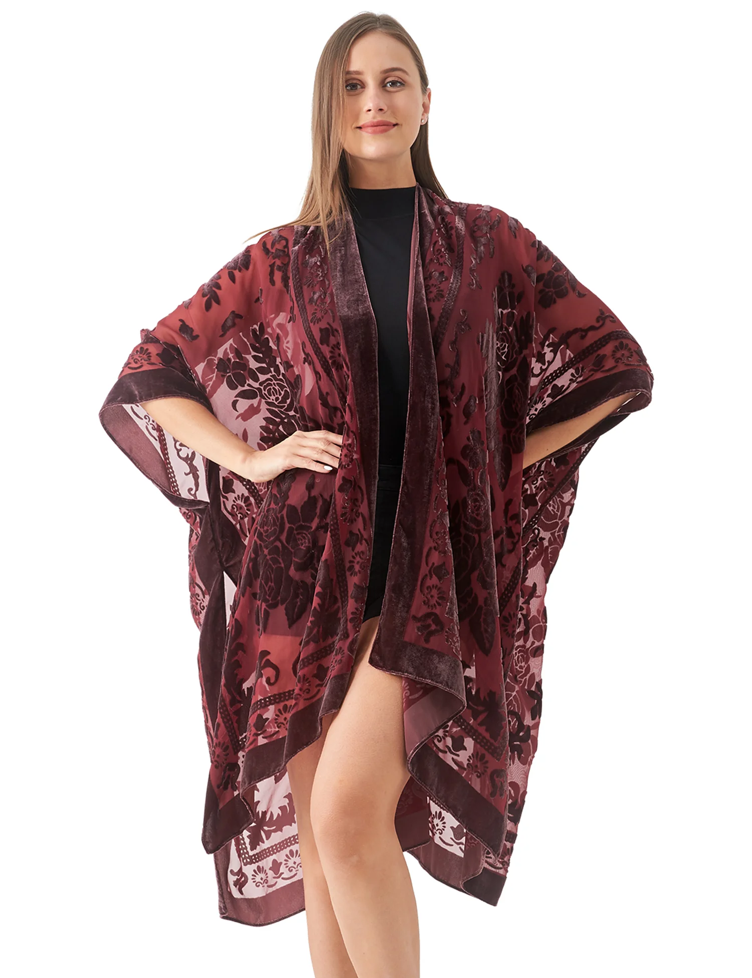 WeHello-Bohemian Style Long Cardigan Women\'s Purple Velvet Kimono Casual Versatile Beach Shawl JYPF-49