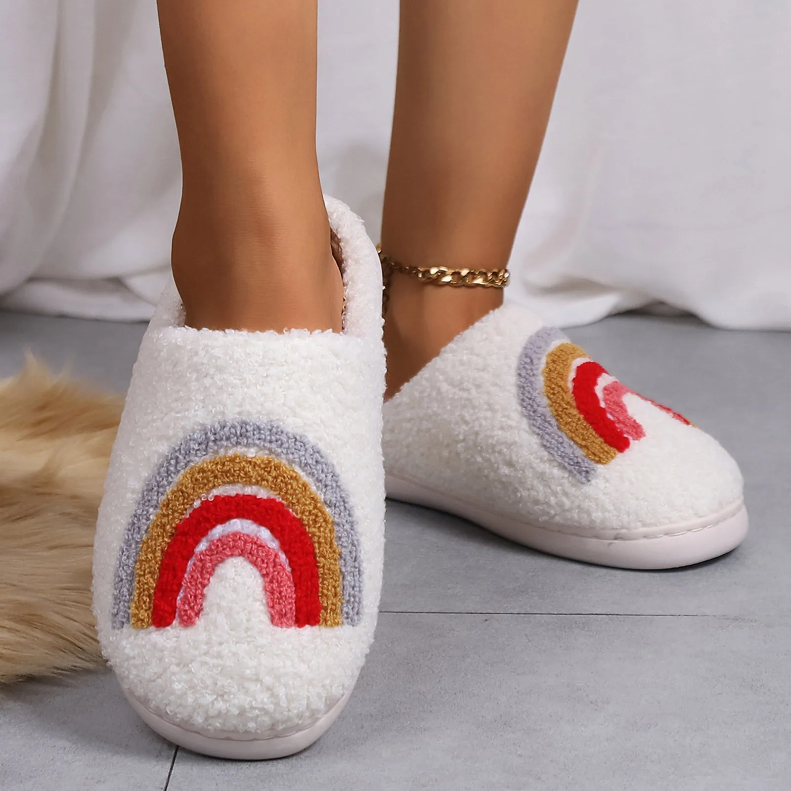 Womens Slippers Home Rainbow Winter Cotton Slippers Warm Slippers Thick Home Non Slip Thick Sole Furry Shoes Slippers Footwear