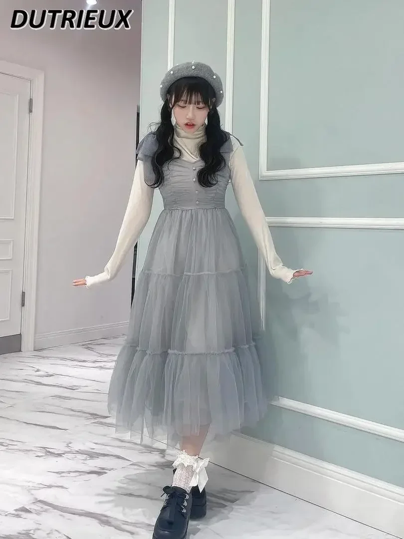 Estilo japonês doce menina fada suspender cintura vestido outono laço plissado em camadas malha sem mangas vestidos de comprimento médio