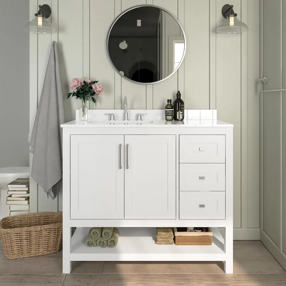 42 Inch Bathroom Vanity, Single Sink Cabinet with 2 Soft Close Doors, Open Shelf and 3 Drawers, Marble Finish Counter top, White