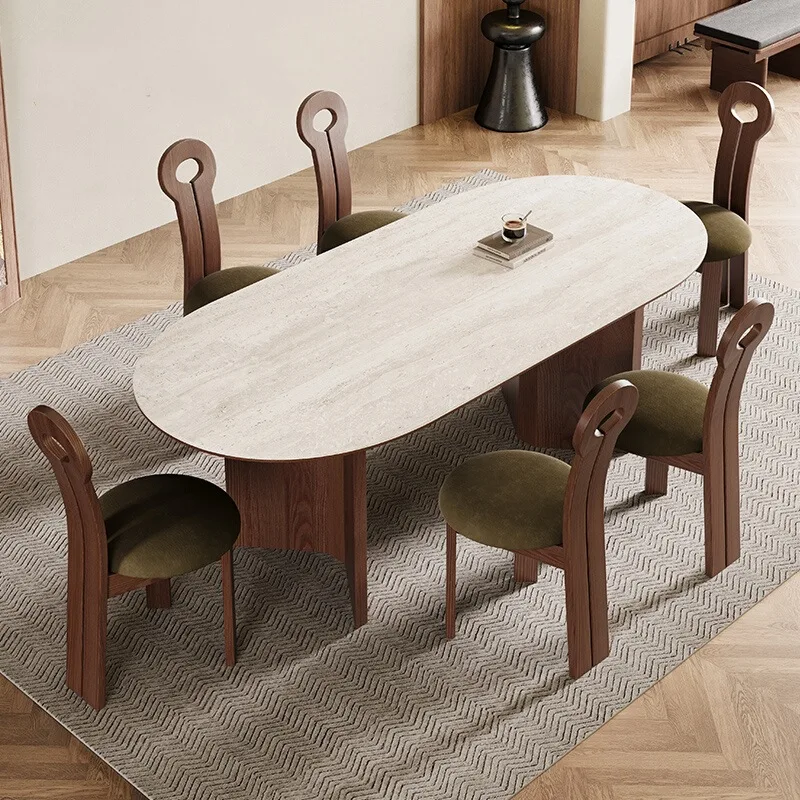 

French retro travertine rock slab dining table and chair combination, household oval dining table