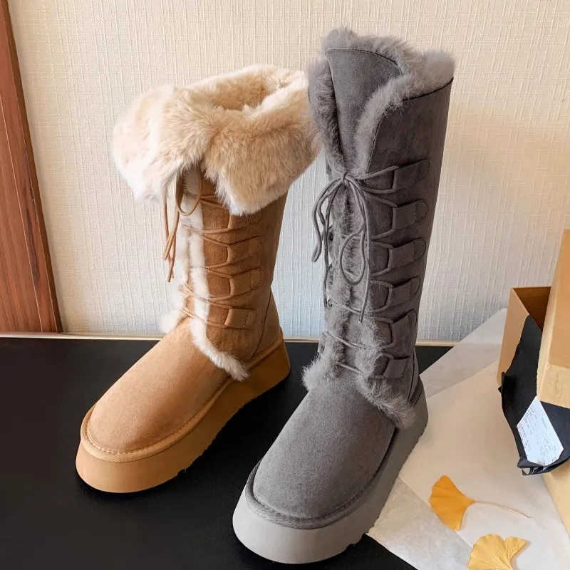 أحذية قطنية طويلة خالية من الركبة شتاء موضة جديدة جولة تو الدانتيل متابعة منصة دافئة المضادة للانزلاق أحذية الثلوج #5