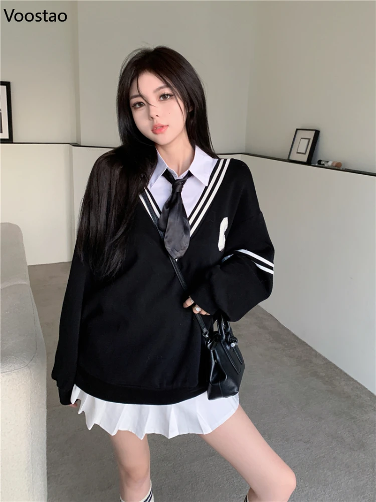 Spring Autumn Preppy Style Fake Two Piece Stitched Shirt Loose Sweatshirts Women Vintage Casual Hoodies With Tie Streetwear Tops