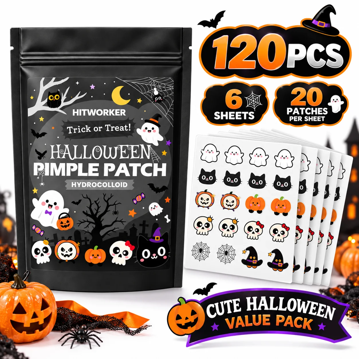 120PCS Halloween Hydrocolloid Pimple Patches, Cute Ghost Pumpkin Cat Shapes, 6 Sheets, Day & Night Face Patch Set