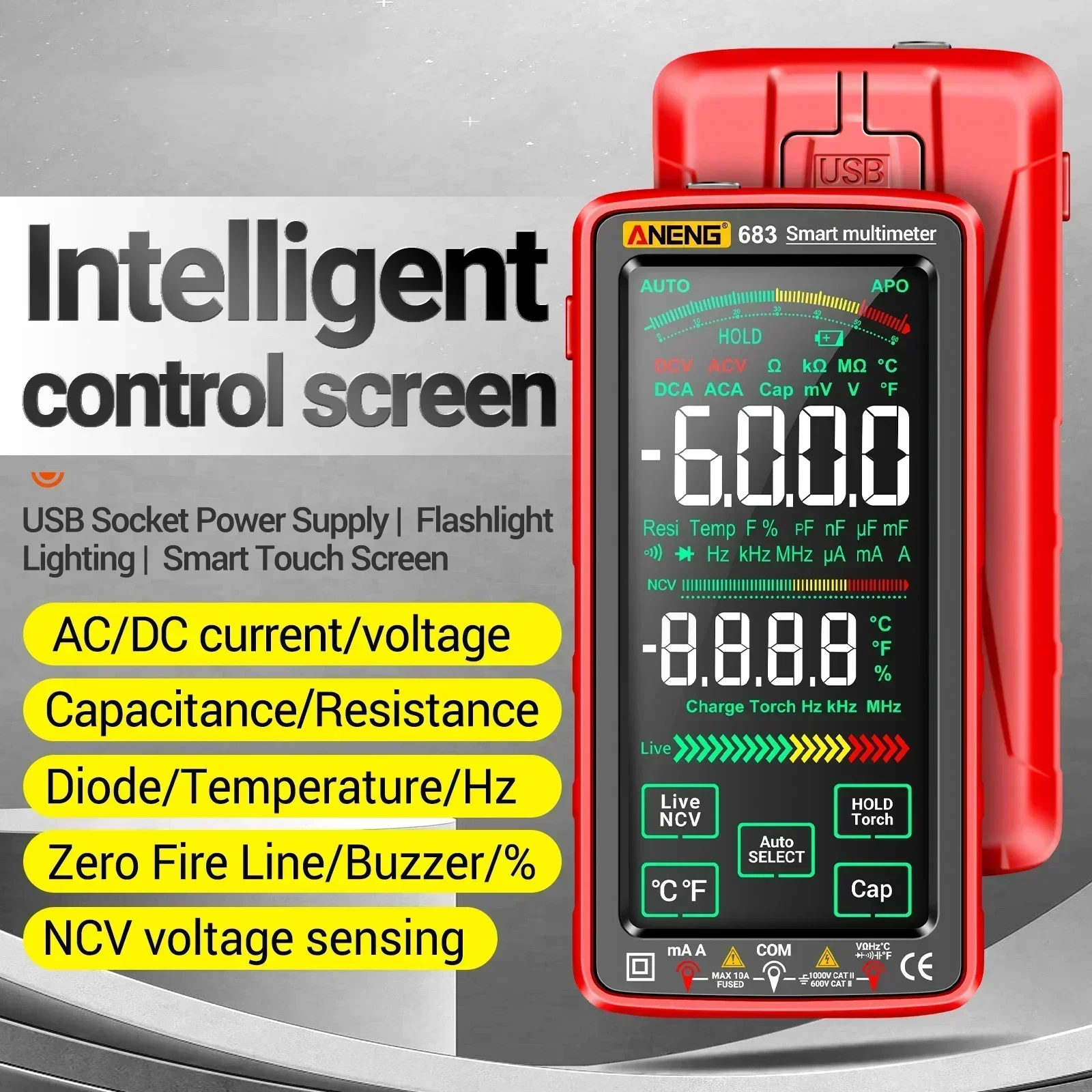 ANENG 683 6000 Counts Large Touch Screen Digital Multimeter Smart Anti-burn Rechargeable Universal Meter NCV Tester