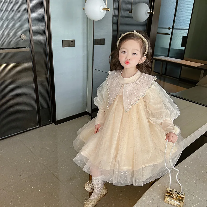 

Toddler Girl 2PCS Clothes Set Bubble Long Sleeve Spliced Tops Suits Sweet Pearls Turn Down Collar Tulle Dress Babys Girl Outfits