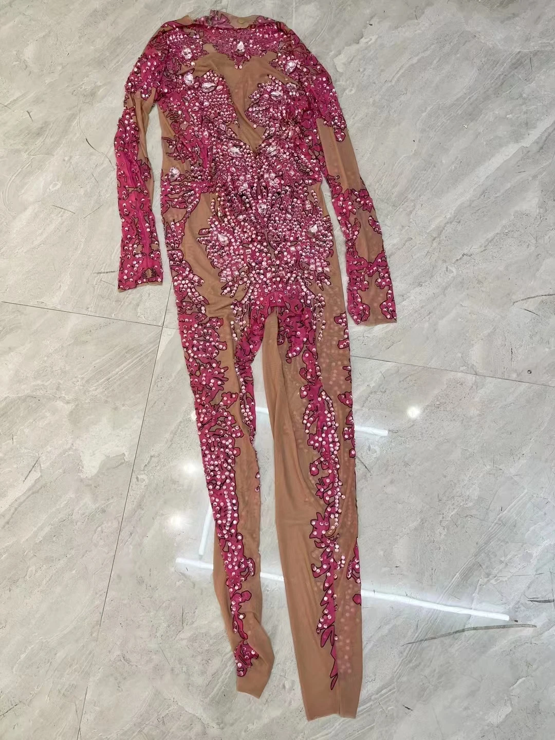 Combinaison imprimée strass rose, extensible, manches longues, maille, slim, justaucorps de Performance sur scène, collants en cristal, Costume de fête d'anniversaire