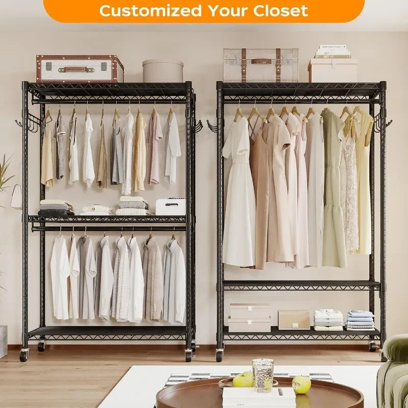 Heavy Duty Rolling Garment Rack with Adjustable Wire Shelving, 3 Tiers Clothes Rack with Double Rods and Side Hooks