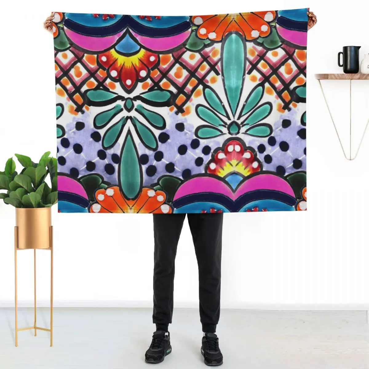 

Colorful Talavera, Pink Accent, Mexican Tile Design Throw Blanket Spring Fall Cozy Throw Blanket for Couch