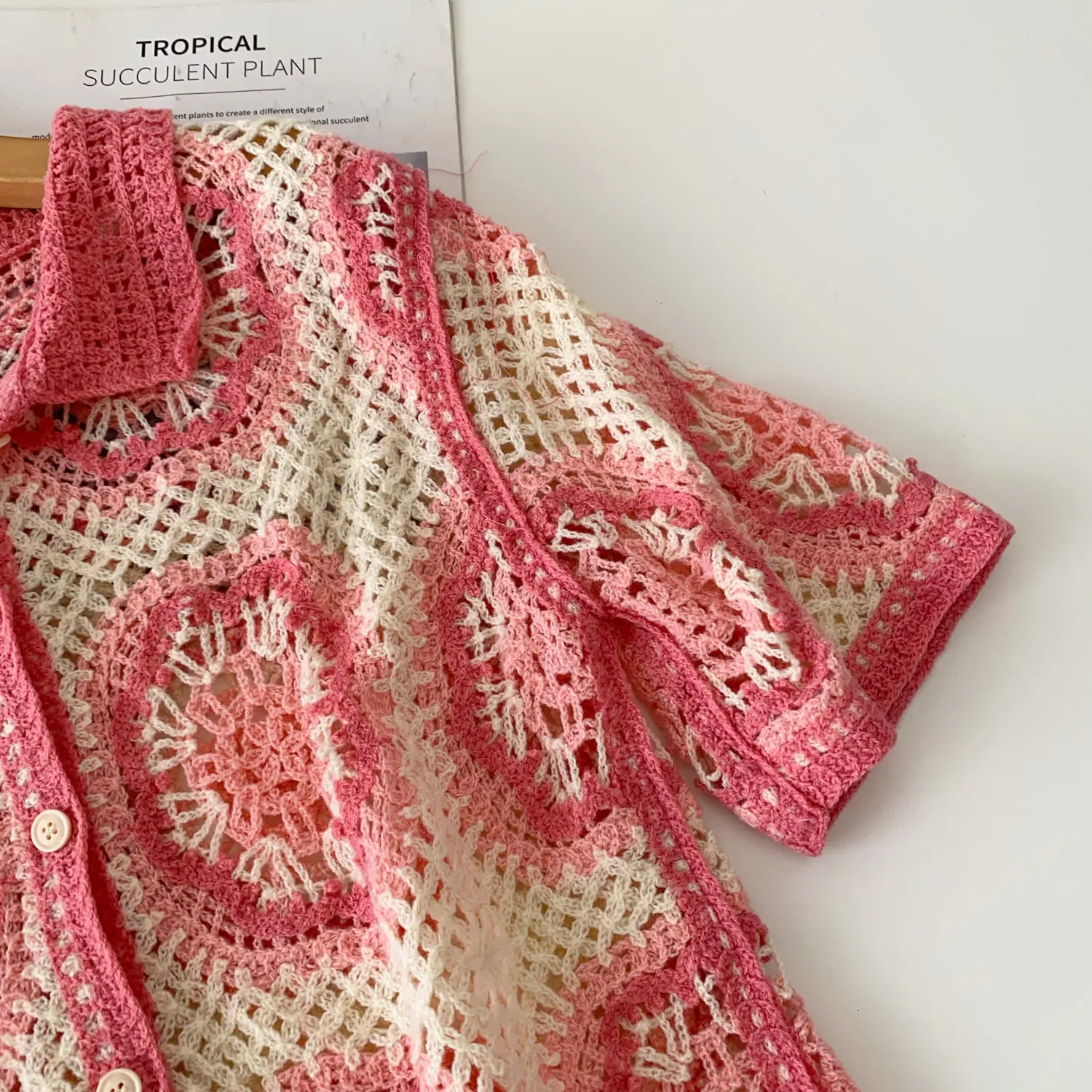 Short Sleeve Button Up Crochet Top Boho Chic Open Knitted Floral Lace Blouse Shirt for Women Summer Beach Cover-up Resort Wear