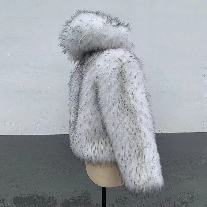 Faux Raccoon Silver Fox Fur Coat for Women, Hooded Warm Jacket, Thick Outerwear, New Style, Fashion, Winter