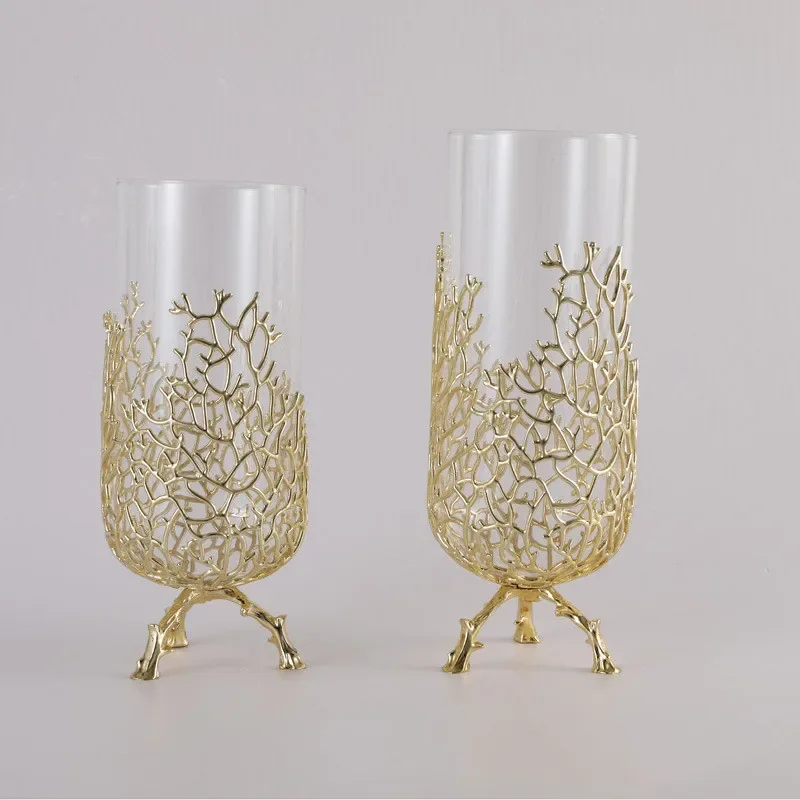 Gold Hollow Coral Vase Transparent Glass Vase Ornament Metal Rack Living Room Hydroponic Flower Arrangement Home Decoration