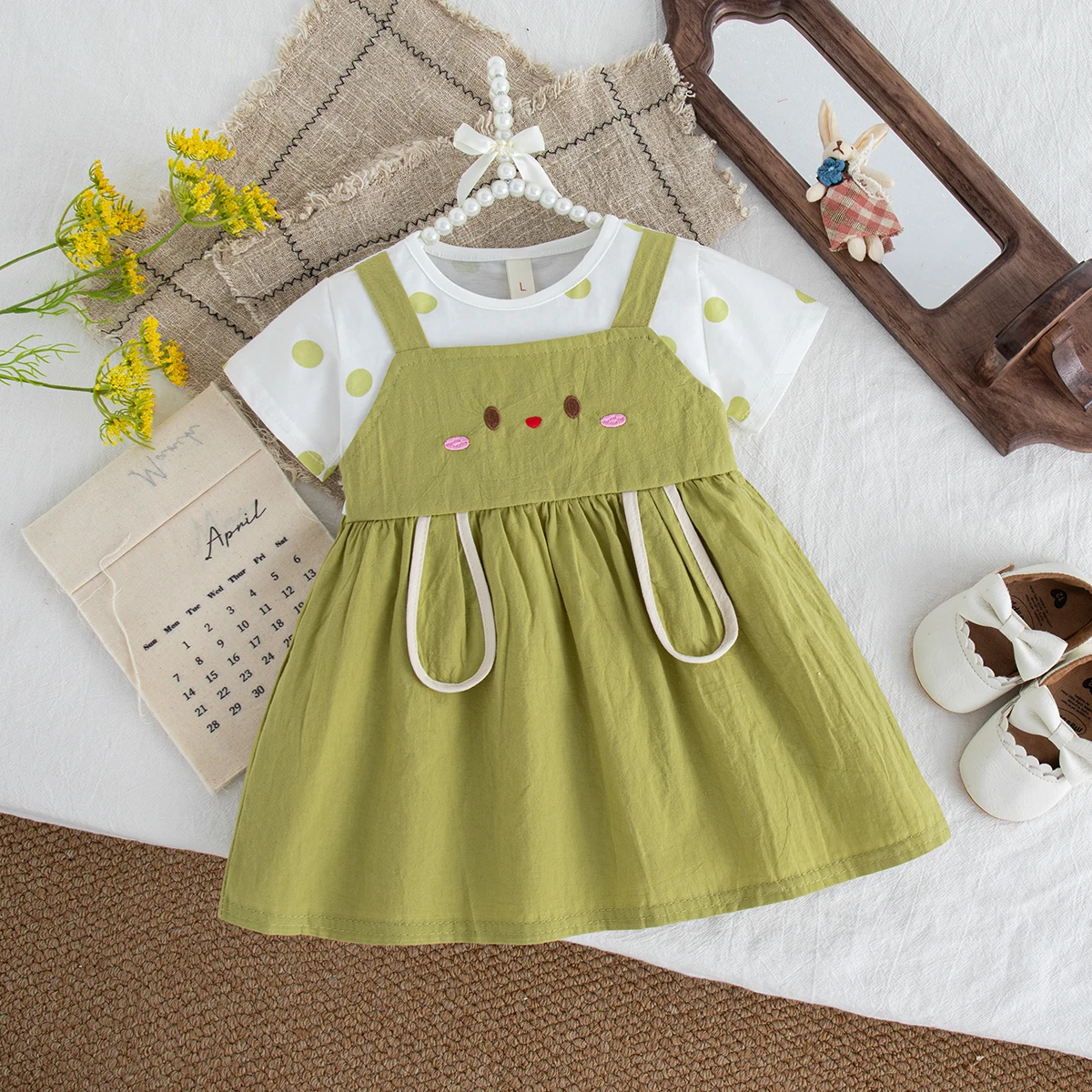 فستان بناتي قطني وردي منقط بتصميم أرنب لطيف بأكمام قصيرة فستان بناتي صيفي كاجوال يومي