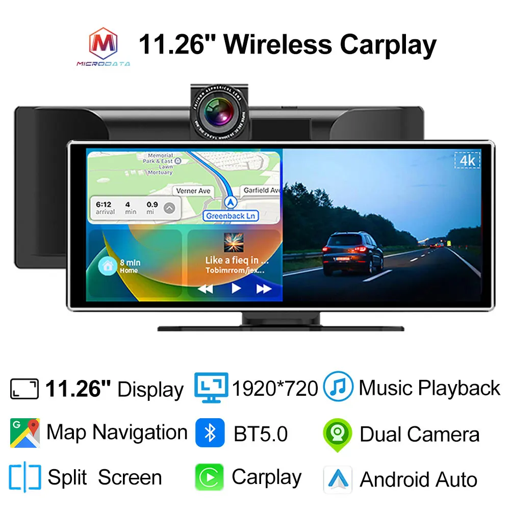Nieuwe Universele 11.26 ''Carplay, 4K DVR Draadloze Carplay, Touchscreen, 1920*720 HD Display Kaartnavigatie, Dual Camera Auto Speler