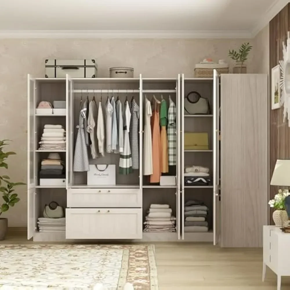 

Large L-shaped wardrobe, 6 frosted glass doors, hangers, shelves and drawers, 98.4 "L wooden storage cabinet, warm gray