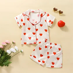 Conjuntos de pijama con estampado de corazón para niñas, Tops de manga corta con cuello vuelto, pantalones cortos de cintura elástica, traje de 2 piezas, ropa de dormir para niños de 1 a 6 años