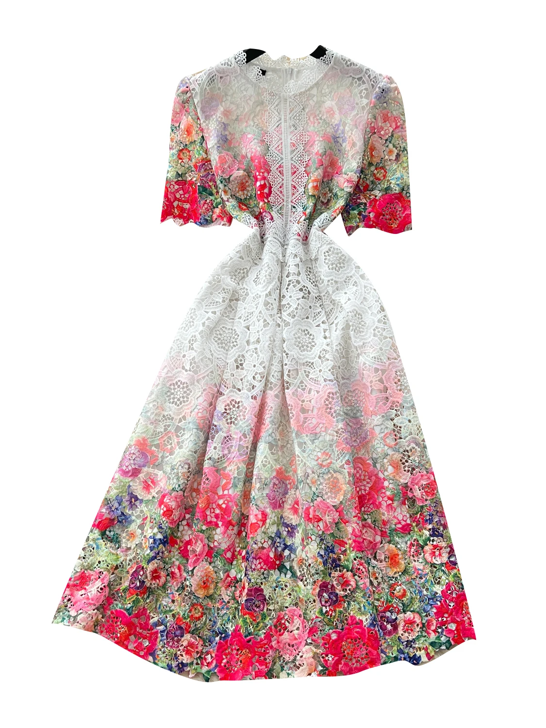 エレガントな中空アウトレースバブルスリーブドレス女性のハイウエスト痩身ロングドレス韓国スタイル通勤Aラインスカート