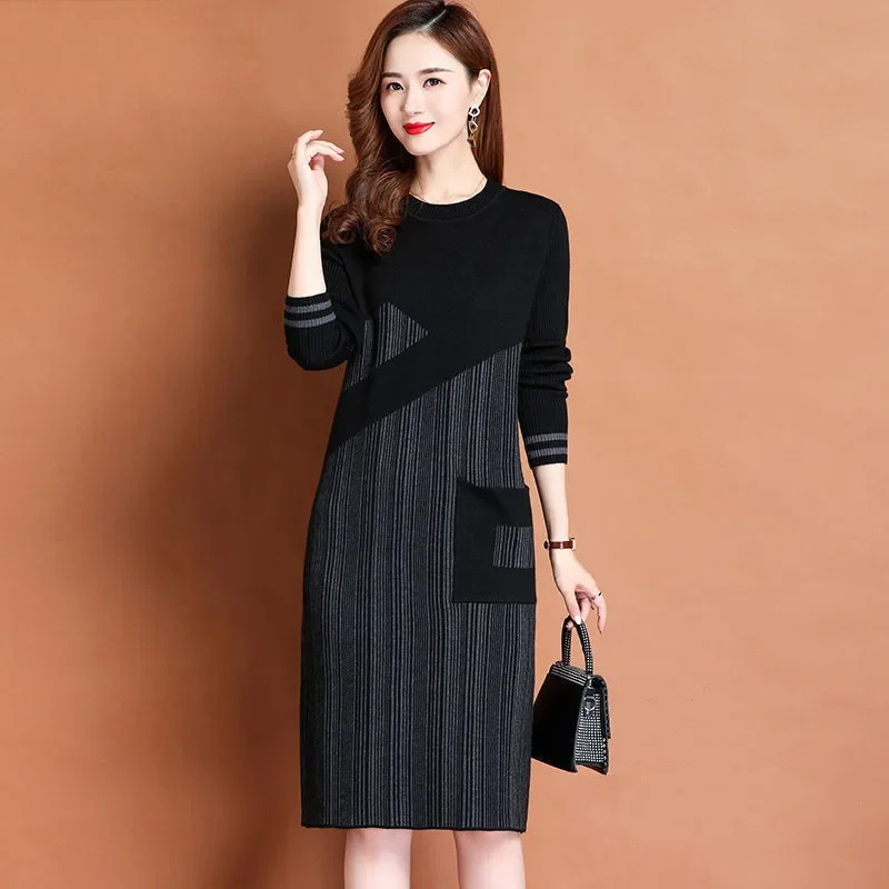 

Winter Dress 2024 Woman New Sweater Knitted O-neck Long Sleeve To Knee Patchwork Pocket Female Clothes L123